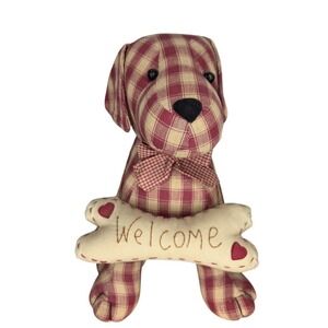 Delton Red White Gingham Plaid Welcome Dog Decor Doorstop Porch Sign